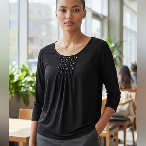 Avenue Black Long Sleeve Scoop Neck Top with Front Bead Detail